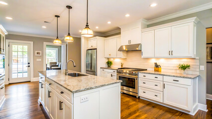 Modern luxury kitchen with white cabinets granite countertops and stainless steel appliances