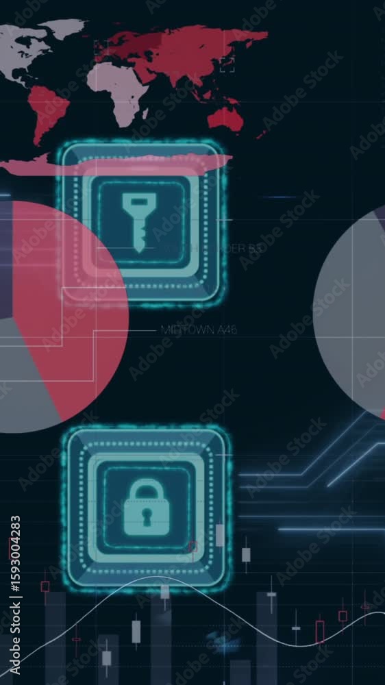 Poster animation of media icons and data processing on black background