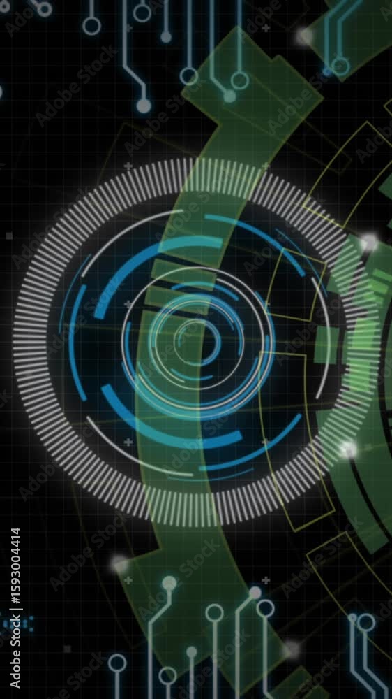 Aufkleber animation of round scanner, microprocessor connections and data processing on black background