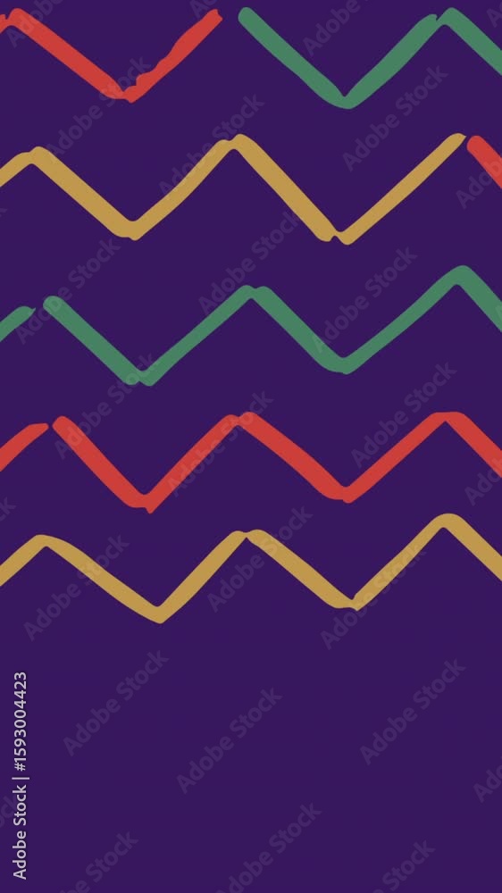 Poster digital animation of colorful zig zag lines moving against blue background