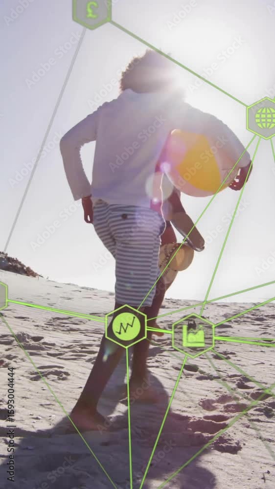 Poster network of connections and data processing animation over people walking on beach