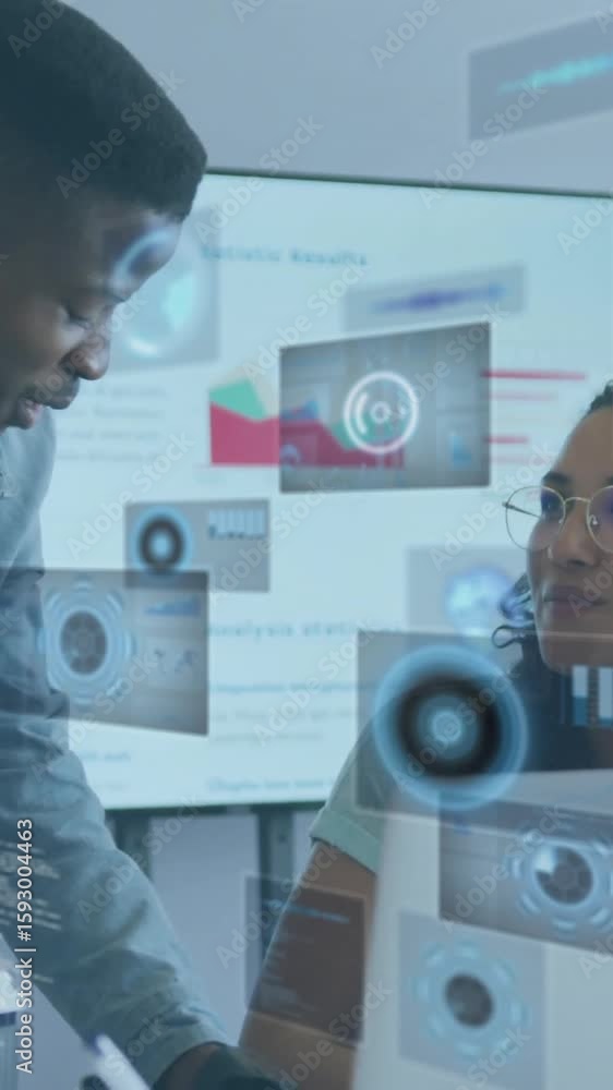Poster diverse team collaborating in office with digital data processing animation overlay