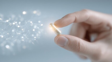 A hand grasps a glowing peptide capsule against a backdrop of dynamic, biotech-inspired graphics