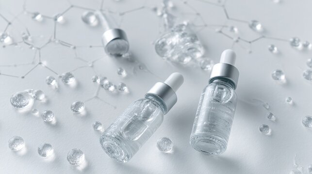 Flat lay arrangement showcases peptide vials, lab tools, and molecular illustrations for skincare science
