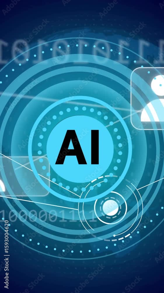 Poster AI text and icons animation over digital network connections and binary code