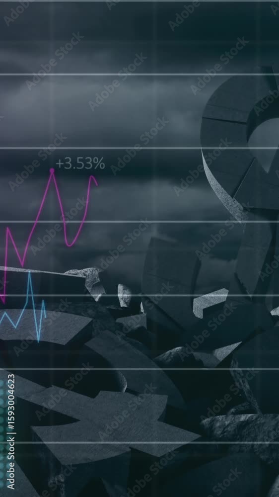 Poster animation of data processing over broken dollar symbols and dark clouds