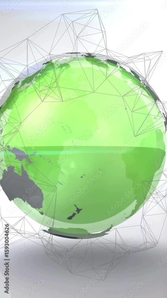 Poster rotating green globe with geometric network animation over white background