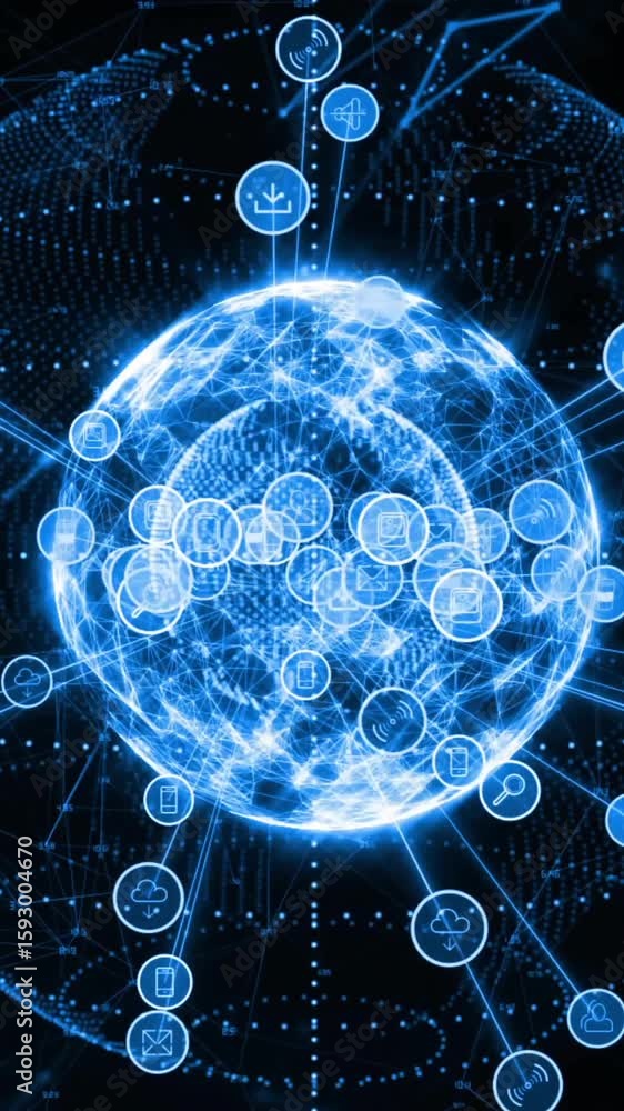 Poster digital network animation with glowing globe and interconnected icons
