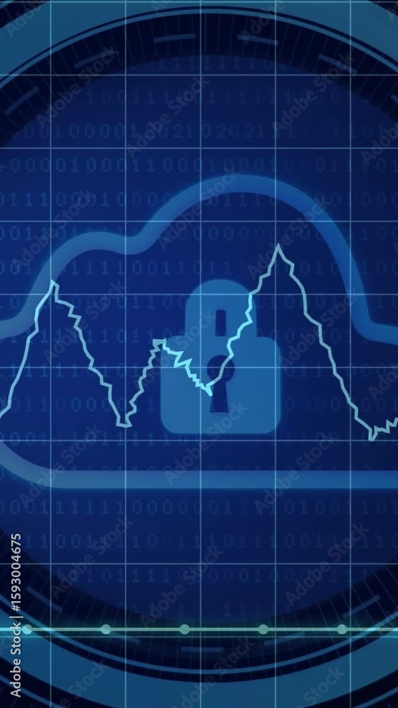 Poster animation of digital data processing over padlock and cloud icon on black background