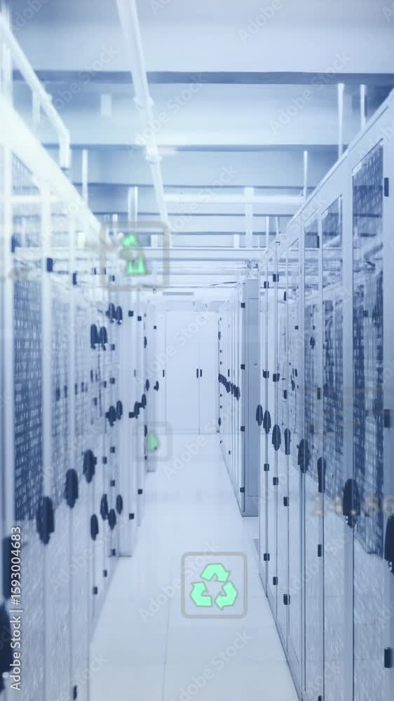 Poster animation of icon in circles over binary codes on data server racks in server room
