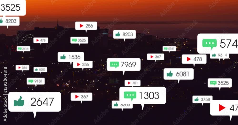 Poster scene opening on dusk skyline showing floating social counters emerging fading showing engagement
