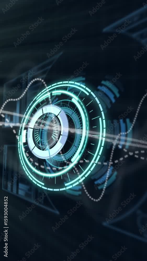 Poster animation of line graphs moving over illuminated circles on abstract pattern with lens flares