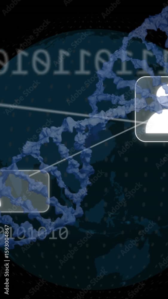 Poster animation of computer language, binary codes, dna helixes and globe over black background