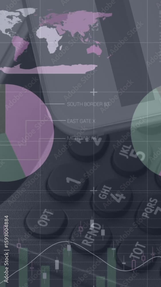 Poster animation of statistics and data processing over man using laptop