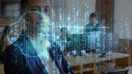 Business executive woman standing office starting code overlay morphing into key signaling unlock - Powered by Adobe