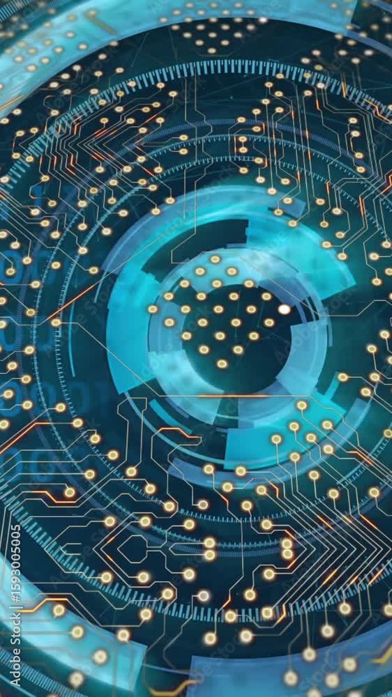 Poster rotating circuit board and data processing animation over blue digital interface