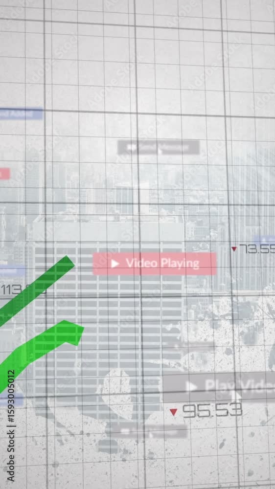 Poster animation of green line graph with digital data labels over cityscape and world map