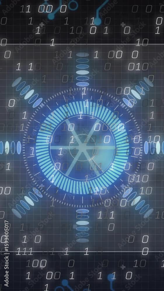 Poster animation of digital interface with blue gear and binary code in school setting
