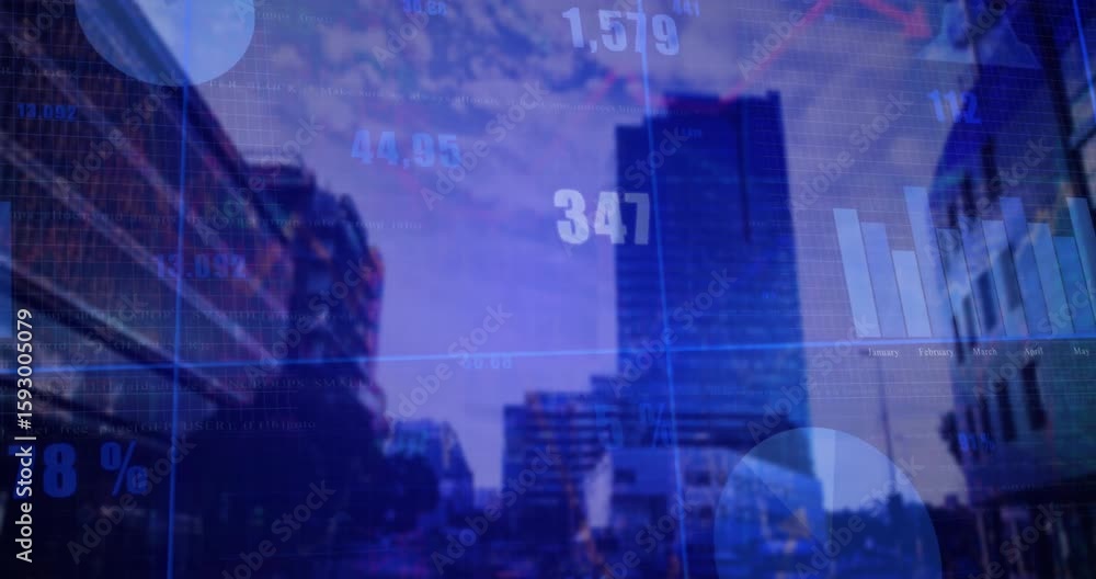 Poster transparent grid fading in over tower, metrics updating on bar graph with pie chart showing trends