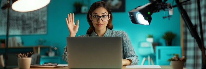 A woman working on her laptop in an office setting, waving and smiling at the camera.