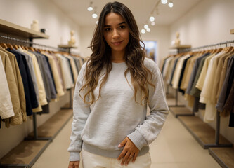 Woman in white coat in clothing store