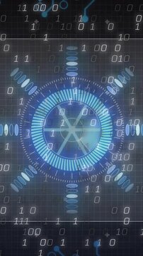 Animation of digital interface with blue gear and binary code in school setting