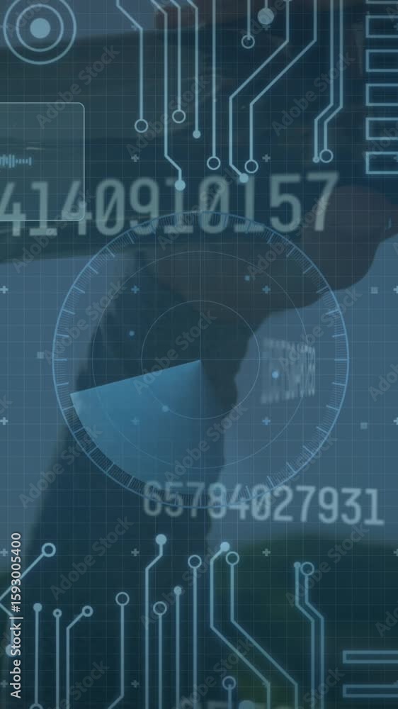 Poster animation of data processing on digital screen over caucasian man drinking water