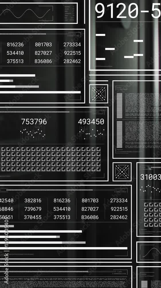 Poster animation of hud screens with numbers, graphs and shapes over data server racks
