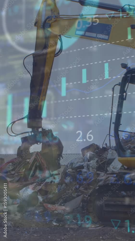 Aufkleber animation of financial data processing and statistics over machinery in wasteland