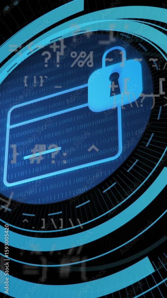 Poster animation of padlock and credit card in loading circles over symbols against black background
