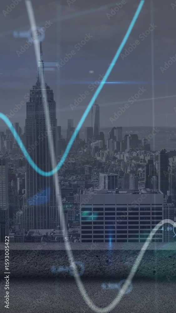 Poster animation of statistical data processing against aerial view of cityscape