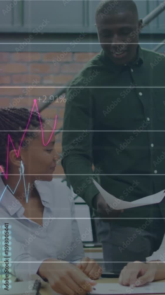 Poster animation of multiple graphs with changing numbers, diverse coworkers discussing in office