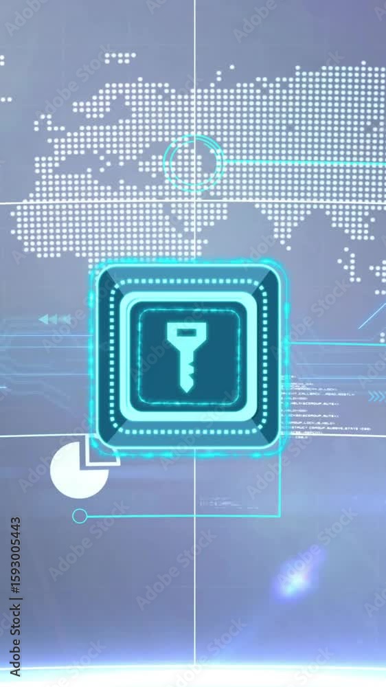 Poster animation of key icon and data processing over world map