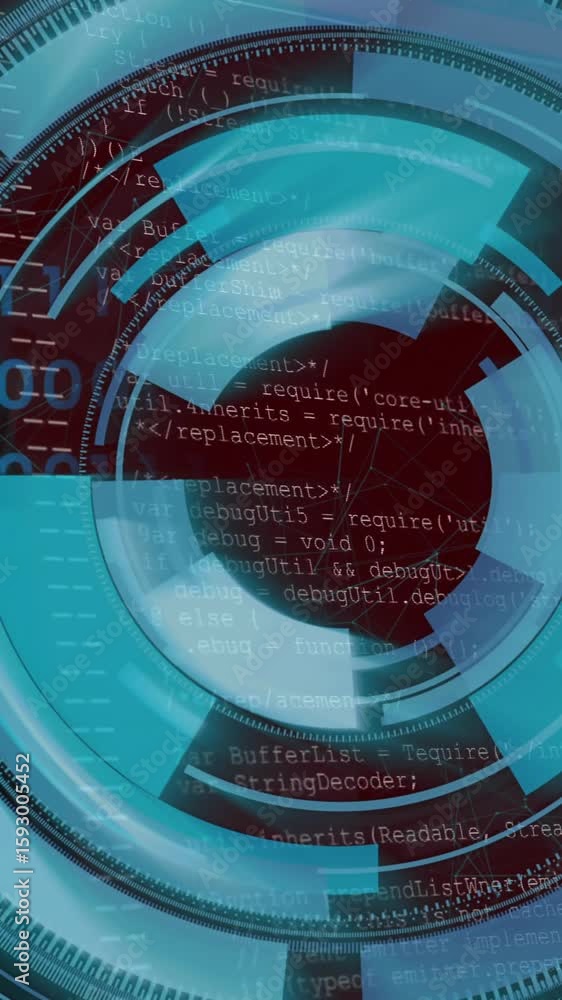 Poster Rotating blue circles in animation over computer code on digital interface
