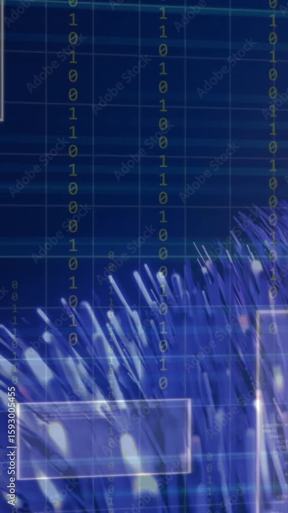 Poster animation of data processing over light trails on black background