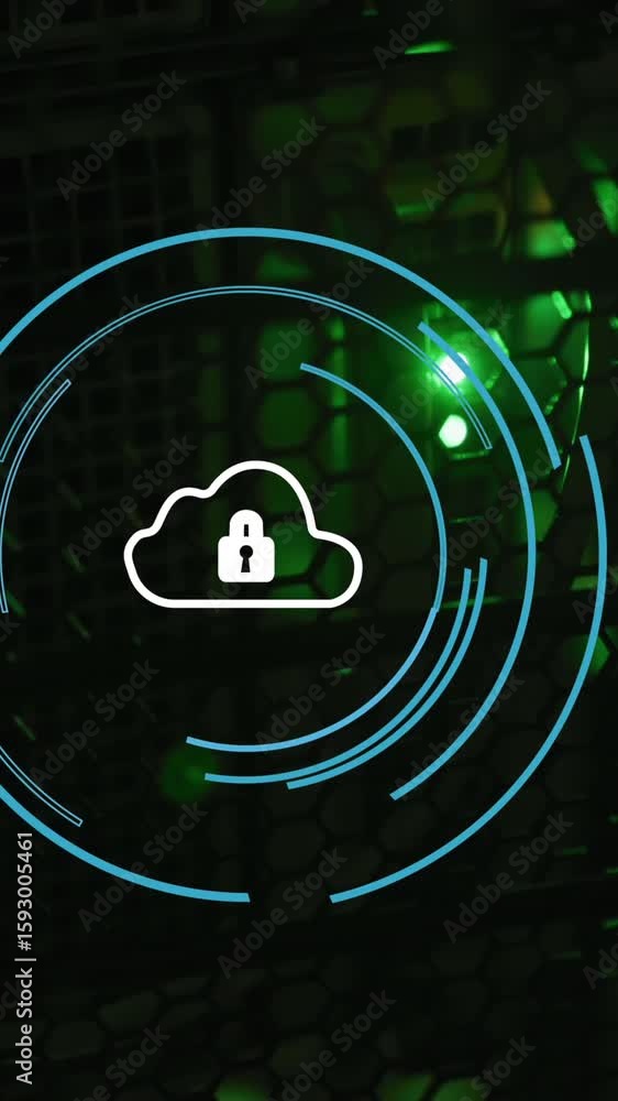 Poster animation of security padlock icon over cloud against close up of a computer server