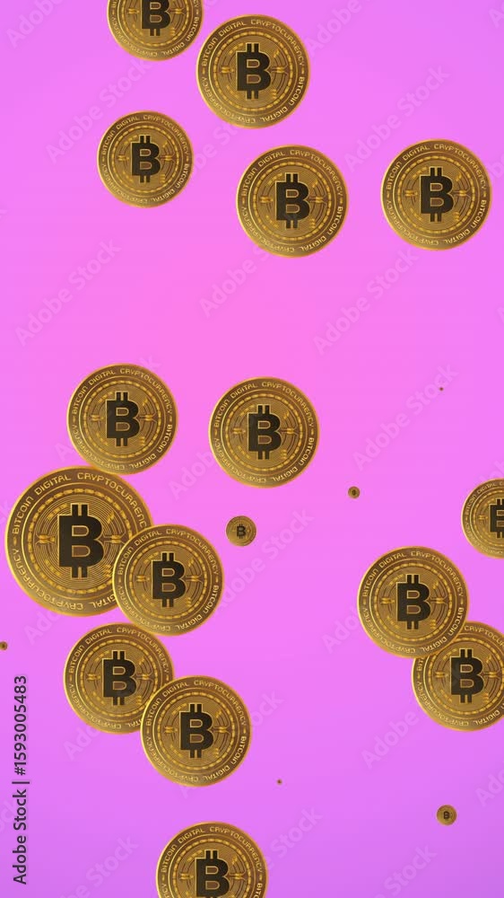 Poster animation of bitcoins pulsating on purple background