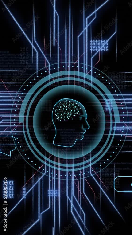 Poster animation of human brain and ai data processing over black background