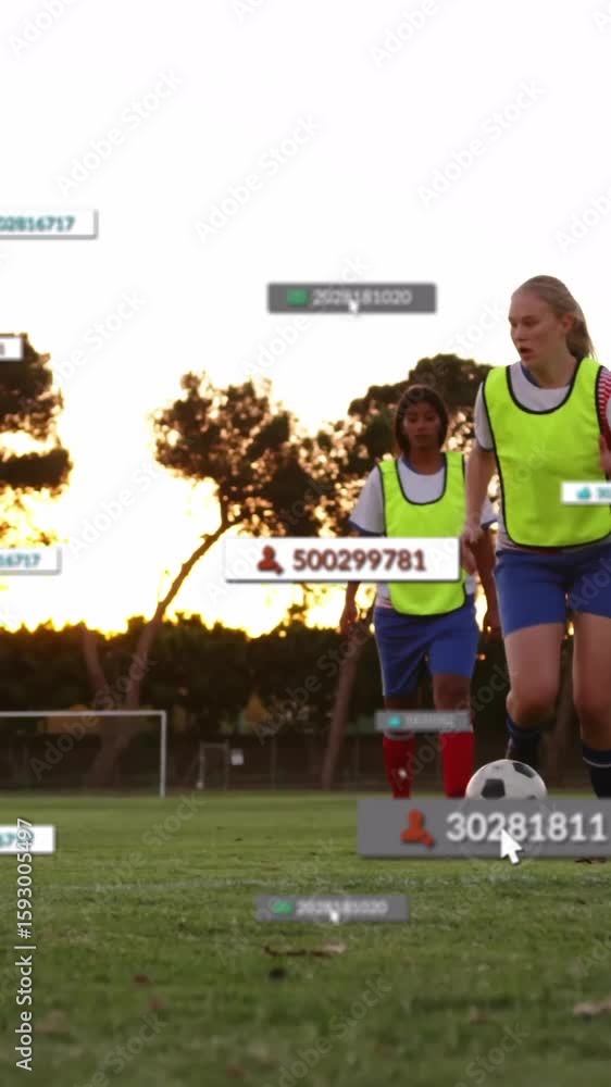 Poster practicing on field, soccer players with animation data tags in school setting