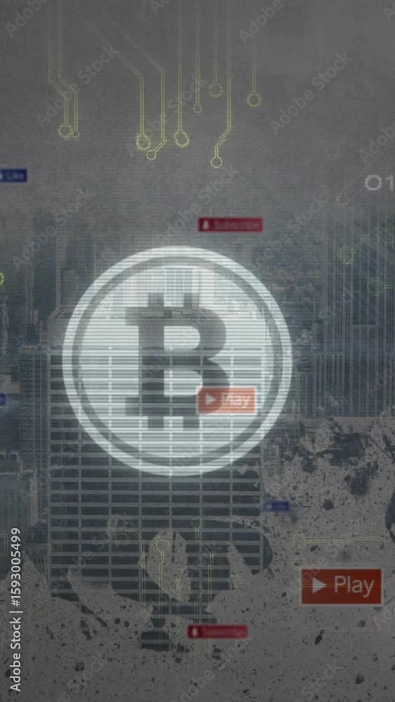 Poster cityscape with bitcoin symbol and digital icons, animation of circuit patterns
