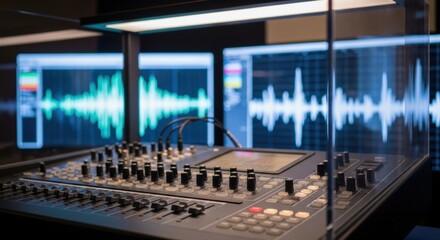 Audio mixing console with sound waveforms on screen in modern recording studio