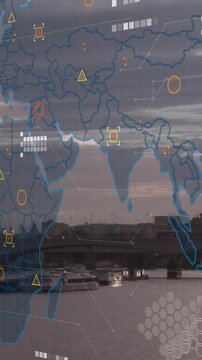 Animation of financial data processing over wold map and london cityscape