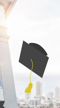 Graduation caps animation over cityscape and building background