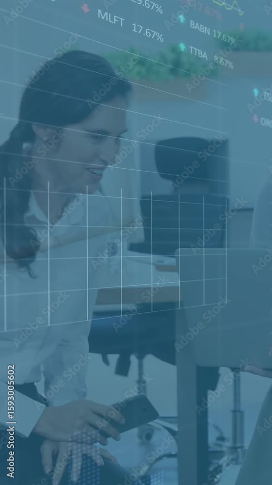 Poster animation of financial data processing over diverse business people using computer in office