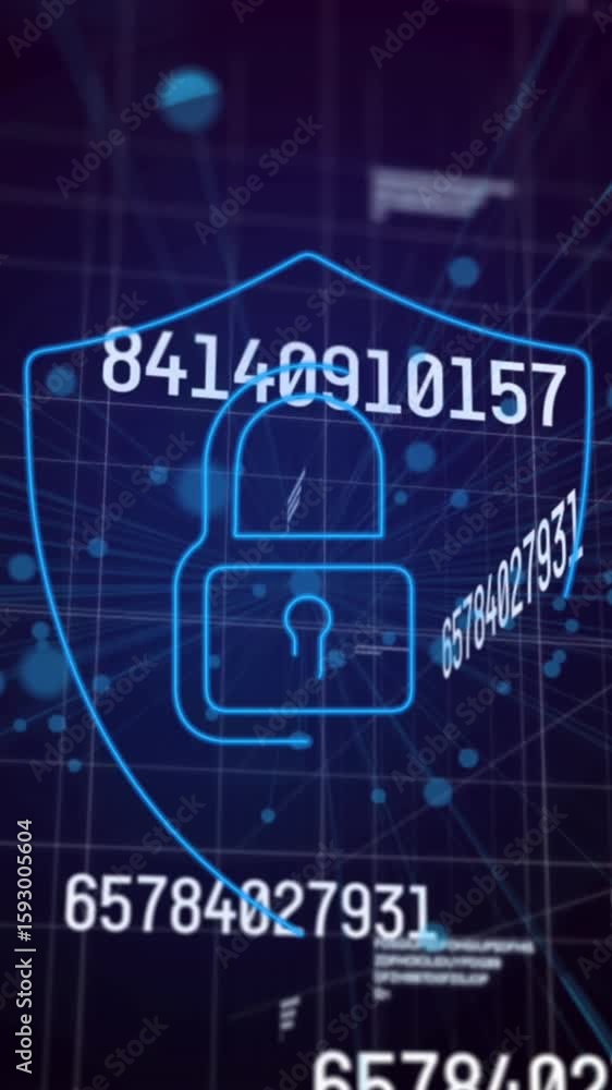 Aufkleber animation of data processing and digital shield with padlock on black background