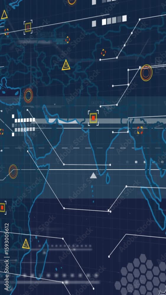 Poster animation of world map and data processing against blue background