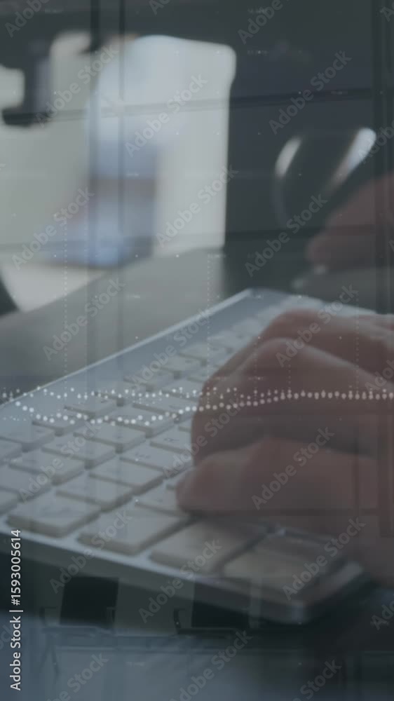 Poster young man types on keyboard in a time-lapse business and tech concept video.