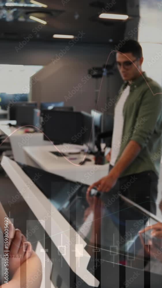 Poster animation of graphs moving over diverse smiling manager looking at coworkers using computer