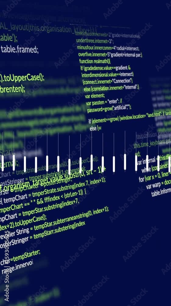 Poster animation of moving lines forming graph over computer language against abstract background
