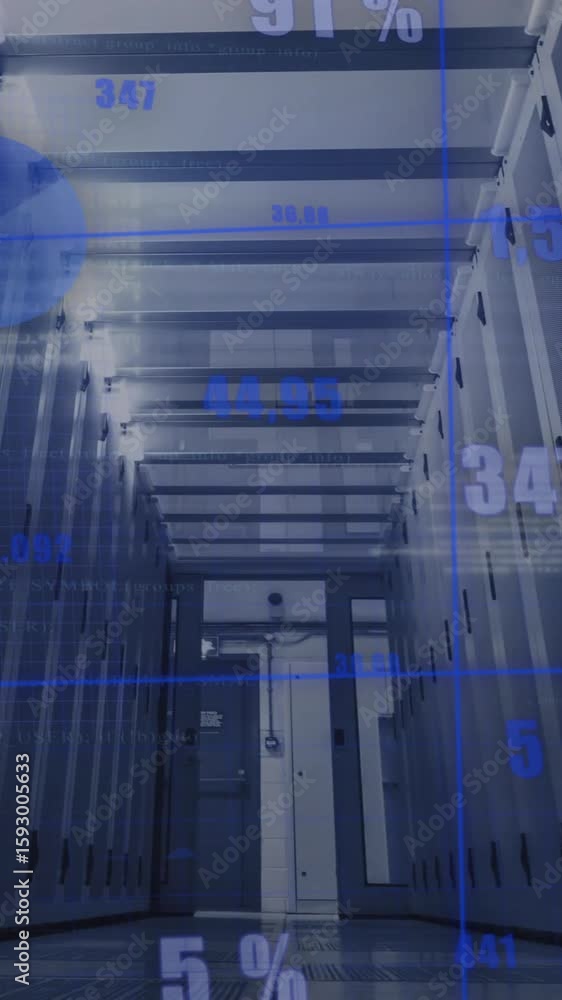 Poster data processing and analytics animation over server racks in data center